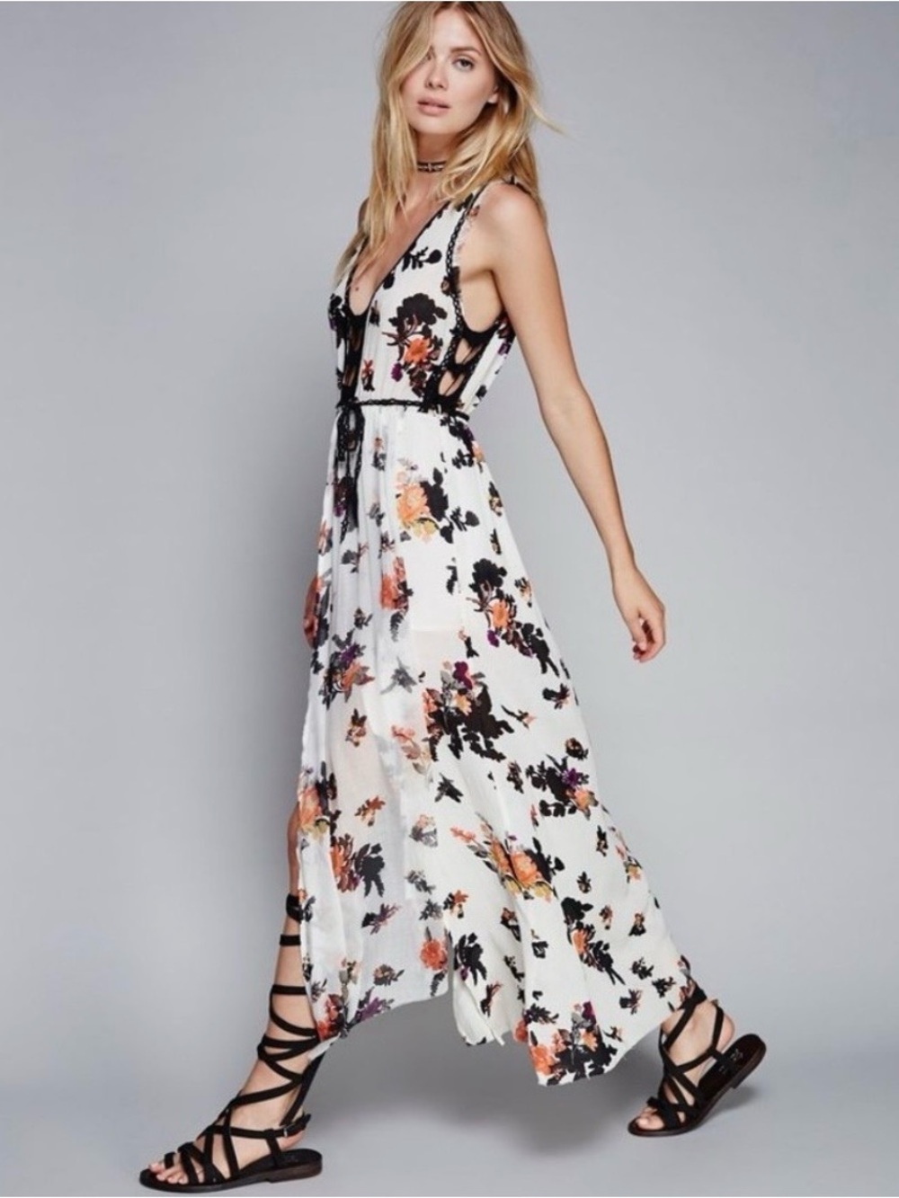 Free People Moonlight Garden Flowy Floral Sexy Front/Side
Cutouts Maxi Dress